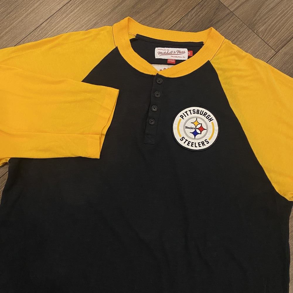 Mitchell Ness Pittsburgh Steelers 3/4 Sleeve Henley Mens Medium NFL Throwback
